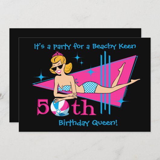 Beachy Keen 50th Birthday Custom Invitations Kaart (Voorkant / Achterkant)