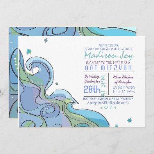 Beachy Ocean Wave Bar Bat Mitzvah Uitnodiging (Voorkant / Achterkant)