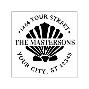 Beachy Scallop Shell Ronde Naam Adres Zelfinktende Stempel