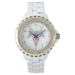 *~ * Beachy Skull Antlers Horn Boho Flowers Tribal Horloge