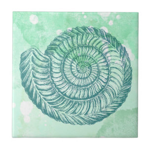 Beachy Spiral Seashell Blue Waterverf Tegeltje