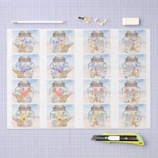 Beachy Watercolor Florals & Seashells Decoupage  Tissuepapier (Craft)