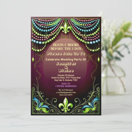 Bead & Brews Fleur De Lis Mardi Gras Wedding Party Kaart (Staand voorkant)