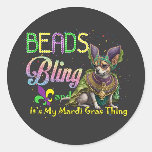 Beads die Chihuahua Mardi Gras Thing Carnaval Ronde Sticker (Voorkant)