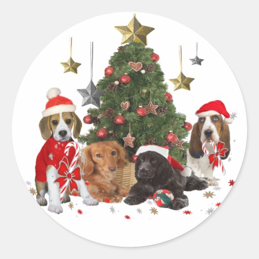 Beagle, Basset, Cocker Kerstmis Ronde Sticker (Voorkant)