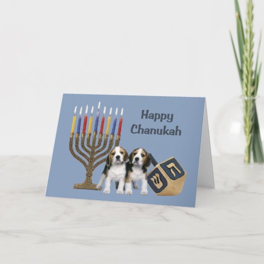 Beagle Chanoeka Kaart Menorah Dreidel1 (Voorkant)