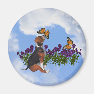 Beagle Chiot Papillons Fleurs Animal Magnet