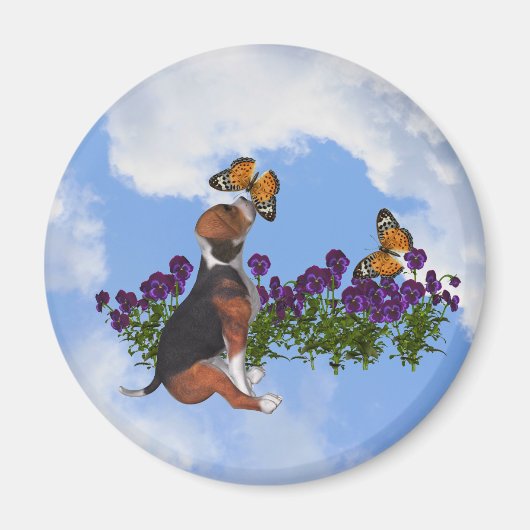 Beagle Chiot Papillons Fleurs Animal Magnet (Devant)