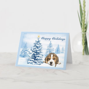 Beagle Christmas Snowy Tree Wenskaart Feestdagen Kaart