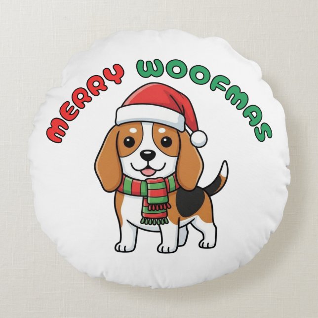 Beagle de Noël Coussin rond : Joyeux Woofmas (Devant)