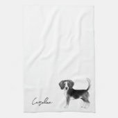 Beagle Dog Design in zwart-wit met naam Theedoek (Verticaal)