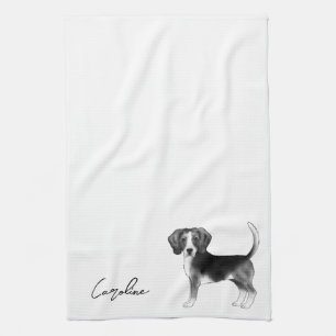 Beagle Dog Design in zwart-wit met naam Theedoek