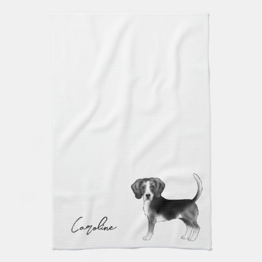 Beagle Dog Design in zwart-wit met naam Theedoek (Verticaal)