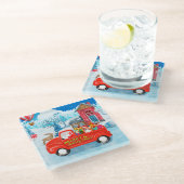 Beagle Dog in kerstcadeauwagen Glazen Onderzetter (Schuin)