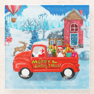 Beagle Dog in kerstcadeauwagen Glazen Onderzetter