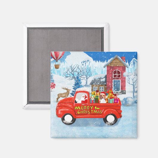 Beagle Dog in kerstcadeauwagen Magneet (Voorkant / Achterkant)