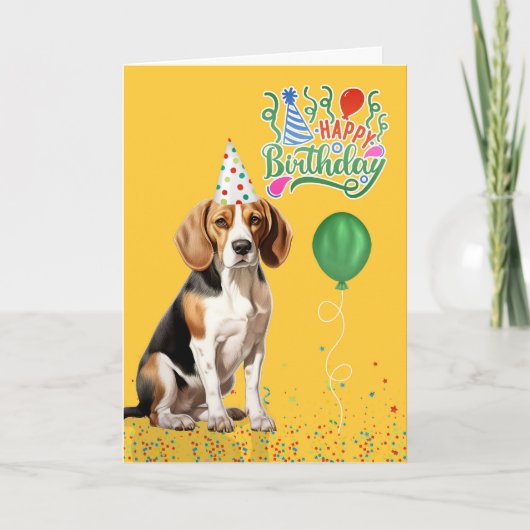 Beagle Dog in Party Pet op Gele Verjaardag Kaart (Voorkant)