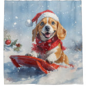 Beagle Dog in Sledge Laat het Sneeuw Kerstmis Douchegordijn (Voorkant)