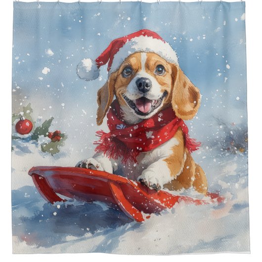 Beagle Dog in Sledge Laat het Sneeuw Kerstmis Douchegordijn (Voorkant)