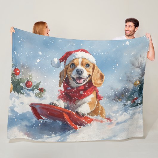 Beagle Dog in Sledge Laat het Sneeuw Kerstmis Fleece Deken (In situ)