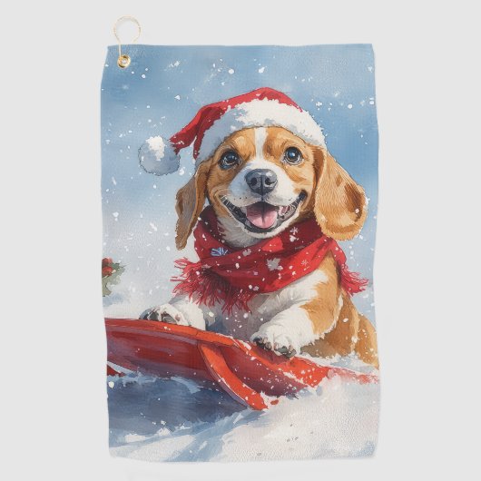 Beagle Dog in Sledge Laat het Sneeuw Kerstmis Golfhanddoek (Voorkant)