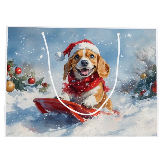 Beagle Dog in Sledge Laat het Sneeuw Kerstmis Groot Cadeauzakje (Achterkant)