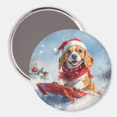 Beagle Dog in Sledge Laat het Sneeuw Kerstmis Magneet (Voorkant / Achterkant)