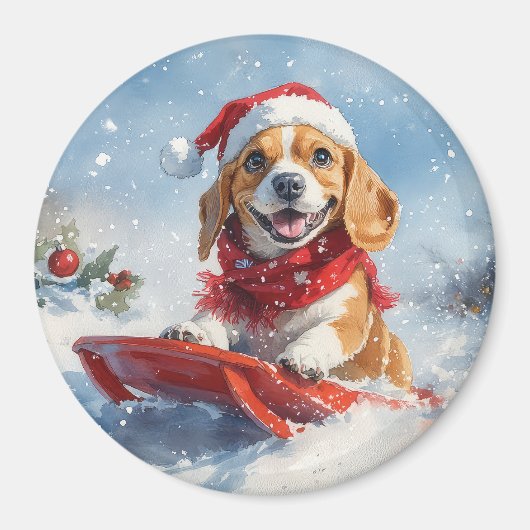 Beagle Dog in Sledge Laat het Sneeuw Kerstmis Magneet (Voorkant)