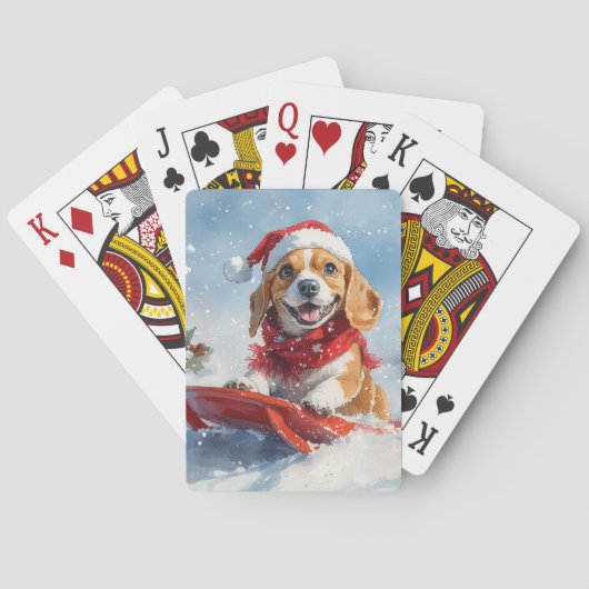 Beagle Dog in Sledge Laat het Sneeuw Kerstmis Pokerkaarten (Achterkant)