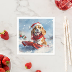 Beagle Dog in Sledge Laat het Sneeuw Kerstmis Servet