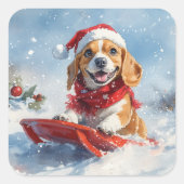 Beagle Dog in Sledge Laat het Sneeuw Kerstmis Vierkante Sticker (Voorkant)