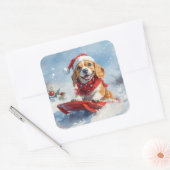 Beagle Dog in Sledge Laat het Sneeuw Kerstmis Vierkante Sticker (Envelop)