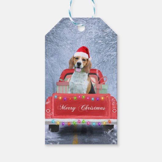 Beagle Dog in sneeuw, met kersttruck Cadeaulabel (Voorkant)