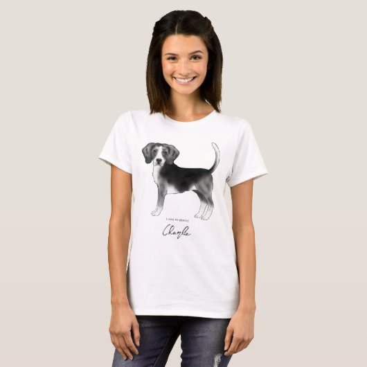 Beagle Dog in zwarte, witte en aangepaste tekst T-shirt (Voorkant volledig)