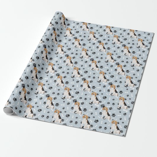 Beagle Dog Paw Print Pattern op Silver Blue Cadeaupapier (Uitgerold)