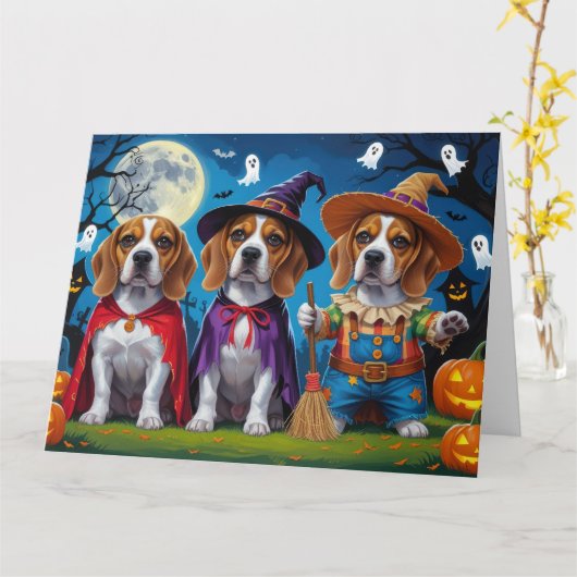 Beagle Dogs Pumpkin Halloween Grappig Kaart (Gele Bloem)
