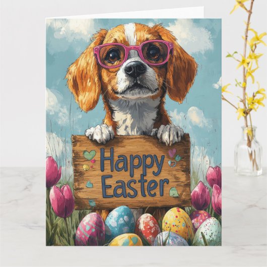 Beagle Easter Eggs Kaart (Gele Bloem)