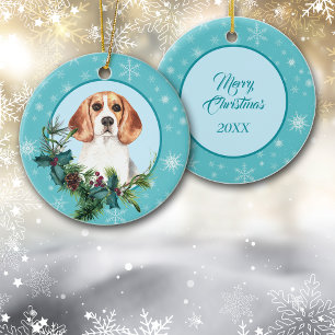 Beagle Evergreen Blue Snowflake Border Keramisch Ornament