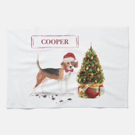 Beagle Funny Kersthond met boom Theedoek (Horizontaal)