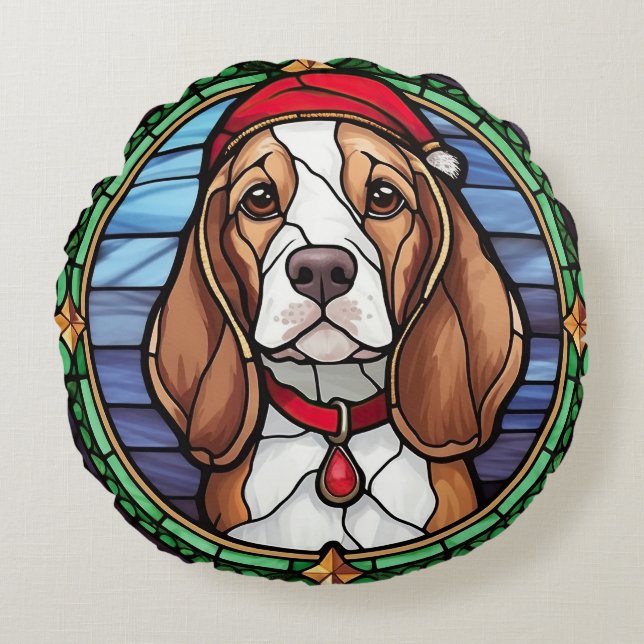 Beagle Glas in lood Kerst Rond Kussen (Voorkant)