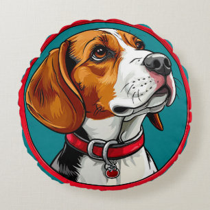 Beagle hond in een rode halsband rond kussen
