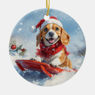 Beagle-hond in slee laat het sneeuwen Kerstmis Keramisch Ornament