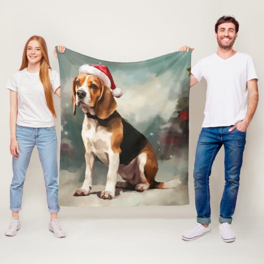 Beagle Hond in Sneeuw Kerstmis Fleece Deken (In situ)