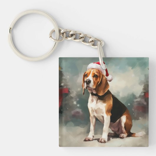 Beagle Hond in Sneeuw Kerstmis Sleutelhanger (Voorkant)