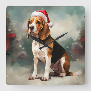 Beagle Hond in Sneeuw Kerstmis Vierkante Klok