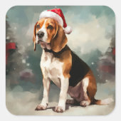 Beagle Hond in Sneeuw Kerstmis Vierkante Sticker (Voorkant)