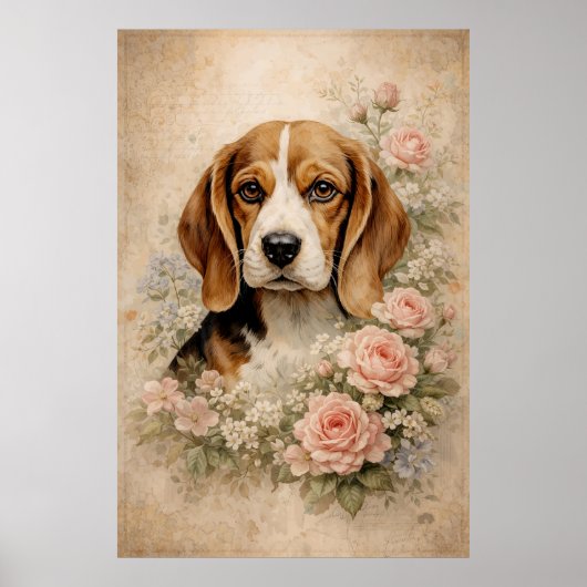 Beagle Hond met Rozen Poster (Voorkant)
