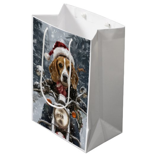 Beagle Hond Rijden Motorfiets Kerstmis Medium Cadeauzakje (Voorkant Gekanteld)