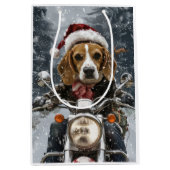 Beagle Hond Rijden Motorfiets Kerstmis Medium Cadeauzakje (Voorkant)