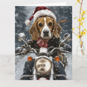 Beagle Hond Rijdt op Motorfiets Kerstmis Kaart